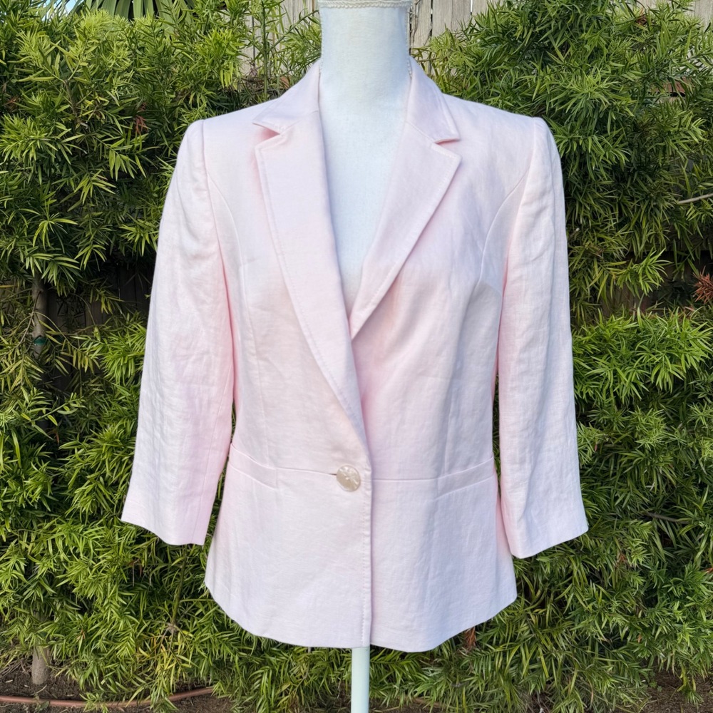 Viyella Womens Pink 100% Linen Blazer 3/4 Sleeve Button Front Tailored Size 10